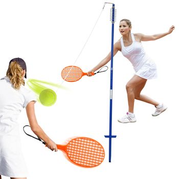 Costway Set Portátil de Tenis para Entrenar Solos 2 Raquetas con Palo Regulable en Altura Espiral Brazo Giratorio para Playa Patio