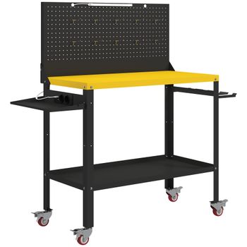 HOMCOM Banco de Trabajo con Panel Perforado Mesa de Trabajo con Enchufes Luz LED Ruedas Marco de Metal Negro y Amarillo   Aosom España