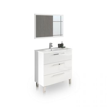 Mueble De Baño De 3 Cajones Con Espejo 80 Cm Feel Blanco Brillo 80 X 86 X 45 Cm