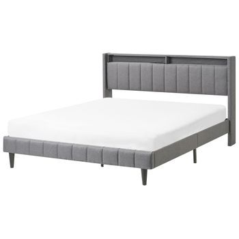 Cama Led Tapizada En Tela 160 X 200 Cm Con Cabecero De Almacenaje Y Luces Led Usb Gris Oscuro Beaulieu