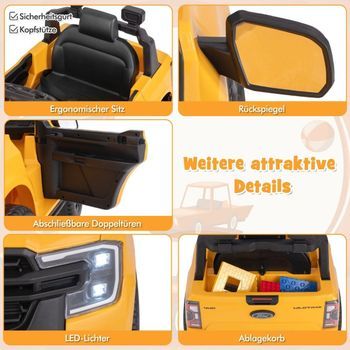 Coche Eléctrico Para Niños Ford Coche Eléctrico Para Niños De 12 V Con Mando A Distancia, Cesta Portaobjetos, Usb Y Música, Amarillo