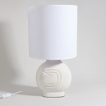 Lámpara de gres con pájaro grabado y pantalla de lino
