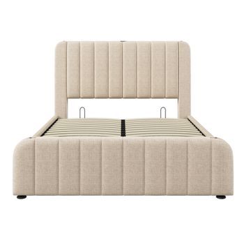 Cama Con Almacenaje De 160x200cm En Tela De Lino Con Carga Usb Y Tipo C Decorada Con Rayas Doradas Beige