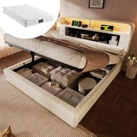 cama con cabecero y canape de 140 x 200 cm - terciopelo - led carga usbtipo c - somier de laminas - beige colchon incluido