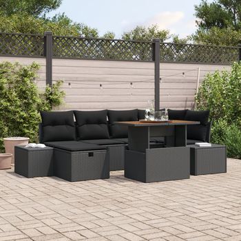 Juego De Comedor De Jardín De 7 Piezas Con Cojines Negro Polirratán Acacia V5066 Unico / Negro