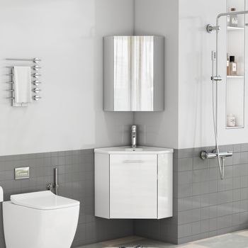Conjunto De Baño Esquinero Con Lavabo Cerámico Y Espejo, Blanco Brillante