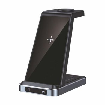 Base de carga inalámbrica 3 en 1 Qi Negra USB-C carga rápida 15W aluminio ABS