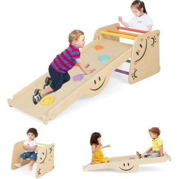 6 En 1 Juego De Escalador De Madera Con Rampa Reversible, Balancín Costway 53 X 48 X 44 Cm