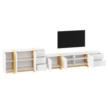 Conjunto Mueble Salon Y Mueble Tv Blanco Moderno 190 Cm Con Diseño Ranurado, Mdf Y Pb