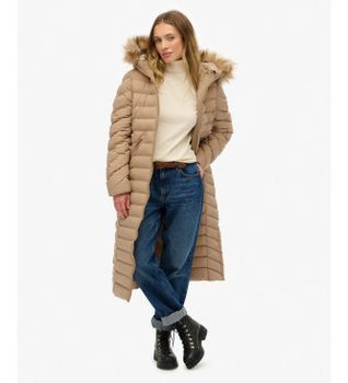 Superdry para mujer. W5012001A Abrigo Fuji Faux Fur Hooded Longline beige (M), Casual, Poliéster