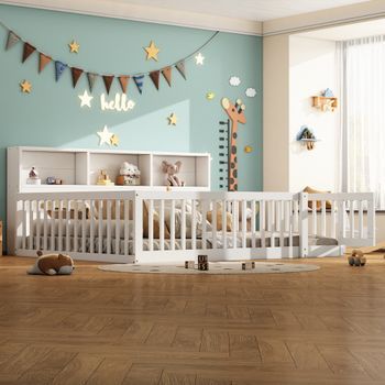 Cama De 140 X 200 Cm Con Barandillas Y Armarios - Madera De Pino + Mdf - Somier De Láminas - Blanco (sin Colchón)