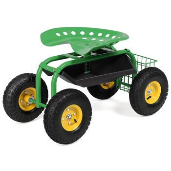 Costway Asiento de Trabajo de Jardinería Carro de Trabajo con Ruedas Altura Ajustable Asiento Giratorio de 360° Cesta de Almacenamiento