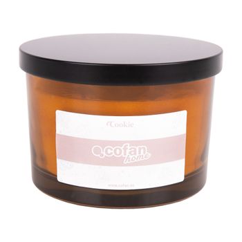 Cofan Vela aromática Cookie de larga duración | 3 mechas | Cera de soja | Aroma canela napolitana | Vaso de vidrio ámbar