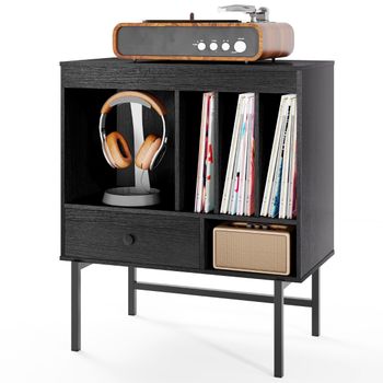 Costway Soporte Grande para Tocadiscos Armario de Vinilos Moderno de Mitad de Siglo con Compartimentos Abiertos Soportes y Cajón para Álbumes Negro