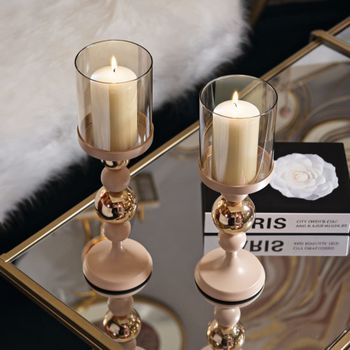 Portavelas de metal rosa y dorado (set de 2, ø 10x32-10x36 cm)