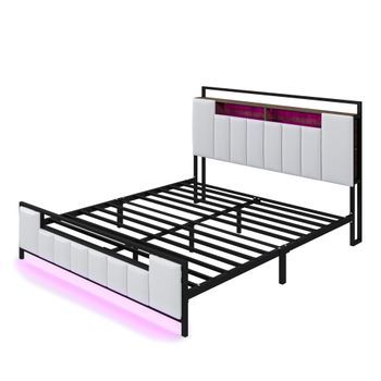 Cama Tapizada 160 X 200 Cm Con Cabecero Almacenaje - Leds + Toma Usb - Metal Y Polipiel - Blanco