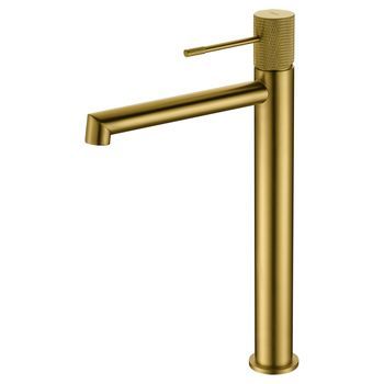 Grifo Monomando Para Lavabo Alto En Latón Con Acabado Oro Cepillado Y Cartucho Cerámico
