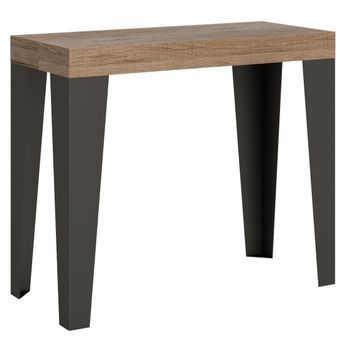 Consola Extensible De Madera Clara Con Patas De Metal Antracita, 14 Plazas, De 40 A 300 Cm Flavio