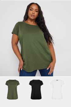 Yours: Juego 3 Camisetas Manga Corta: Blanca, Verde Y Negra, Mujer Curvy Y Tallas Grandes, Yours