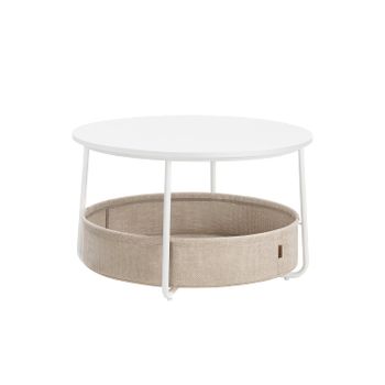 Mesa de Centro Redonda con Almacenamiento, Blanco Mate + Marrón Camello