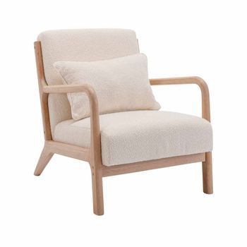 Sillón Escandinavo De Madera Y Tela De Borreguito Texturizado, Beige