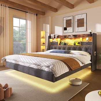 Cama Suspendida 140 X 200 Cm, Cabecero Led, 1 Puerto Type-c + 3 Puertos Usb, Cama Doble Con Somier Incluido, Lino Gris (sin Colchón)