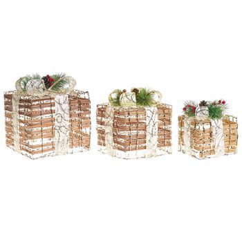 Conjunto De 3 Decoraciones Regalos De Navidad Con Luces Led Blancas Cálidas Con Lazos Para Interior Marrón Tisso