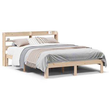 Cama De Matrimonio | Cama De Adulto | Estructura De Cama Con Cabecero Madera Maciza Pino 140x200 Cm