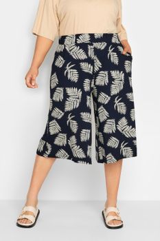 Yours Culottes Azul Marino De Hojas Cinturilla Elástica, Mujer Curvy Y Tallas Grandes, Yours