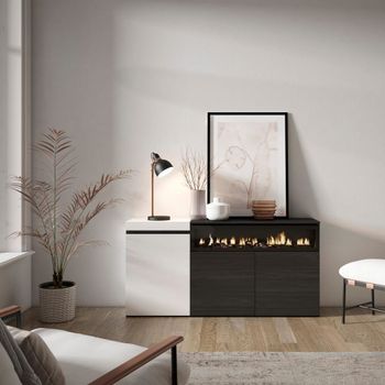 Aparador efecto madera blanco y negro 150x35x75 chimenea efecto fuego
