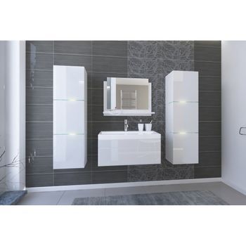 Conjunto De Muebles De Baño Blanco Colección Owl. 2 Columnas, Mueble Bajo Lavabo, Lavabo De 80 Cm, Espejo, Sifón Y Leds.