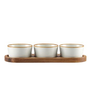 Set de aperitivo de 3 cuencos sobre bandeja de madera 29x10cm