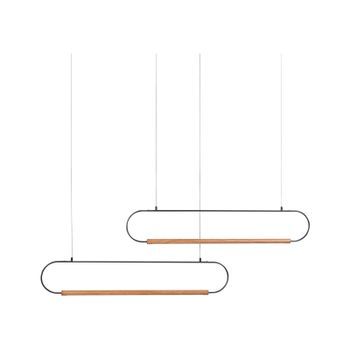Lámpara Colgante Moderna 2 Luces Led Integradas Pantallas De Diseño Metal Pintado Negro Y Madera Clara Logone
