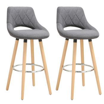 Juego De 2 Taburetes De Bar - Lino Y Madera Maciza - Asiento Acolchado - 43x43x91cm - Gris Oscuro