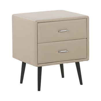 Mesita De Noche Tapizada En Piel Sintética Beige Con 2 Cajones Patas Negras Estilo Minimalista Moderno Essonne