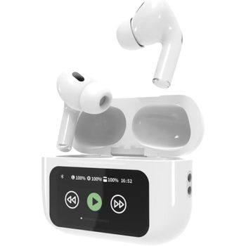 Auriculares Gembird TWS-LCD-ANC-01-W inalámbricos Bluetooth con Cancelación Activa de Ruido, micrófono y estuche con pantalla LCD, blancos