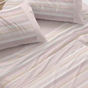 Juego De Sábanas 50% Algodón Diseño Rayas Azul 150 X 190/200 Cm - Rosa - Burrito Blanco
