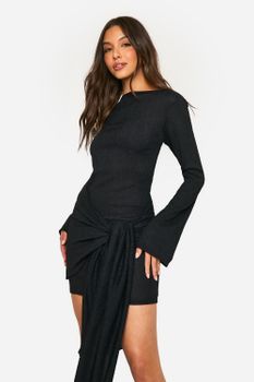 Vestido Mini Texturizado Cruzado Con Atadura Frontal, Negro
