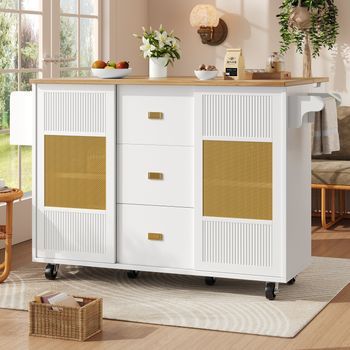 Isla De Cocina De 120x73(45)x90cm, Extensible, Con Espacio Para Toallas, Especias Y Estantes, Color Blanco.