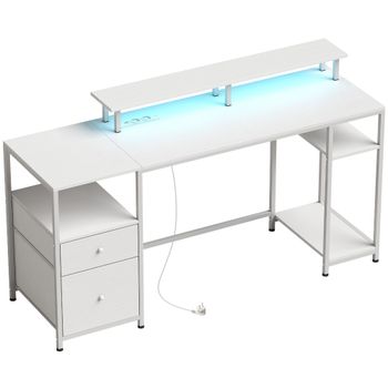 HOMCOM Mesa de Escritorio con Luces LED Cajones Tomas de Corriente Puertos USB y Soporte para Monitor 155,5x48x88,5 cm Blanco   Aosom España