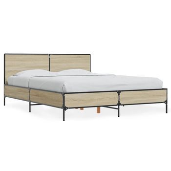 Cama Doble | Cama Para Adultos | Estructura Cama Madera Ingeniería Metal Roble Sonoma 120x200 Cm