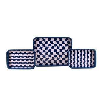 Juego de 3 bandejas con cuadros y rayas azul y blanco