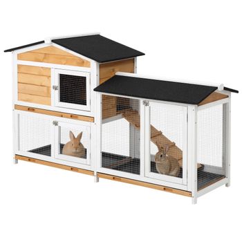 PawHut Conejera de Madera Exterior de 2 Niveles con Techo Asfáltico 2 Corrales de Metal Bandeja Extraíble 157,4x53x93,5 cm Natural   Aosom España