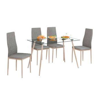 Conjunto Mesa Cristal + 4 Sillas Color Gris Tela Comedor Salón Estilo Nórdico Patas Metal Efecto Madera