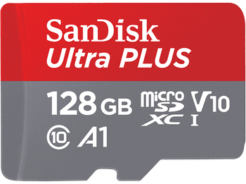 Tarjeta Micro SDXC - SanDisk Ultra PLUS, 128 GB, 150 MB/s, UHS-I, V10, A1, C10, Adaptador SD, Multicolor
