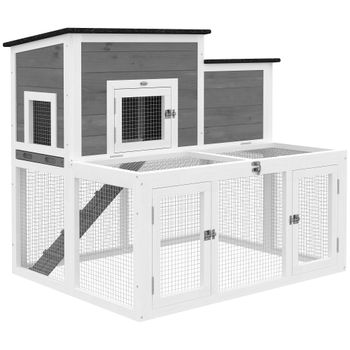PawHut Conejera exterior de madera Jaula para conejos interior Tejado doble abatible impermeable 2 niveles con recinto Gris