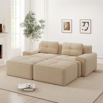 Sofá Modular De Pana Beige 2 Plazas Con Otomana Y Asiento Profundo