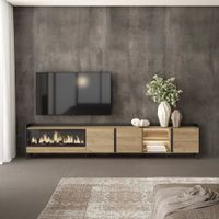 mueble tv efecto madera roble negro 315x35x61cm chimenea efecto fuego