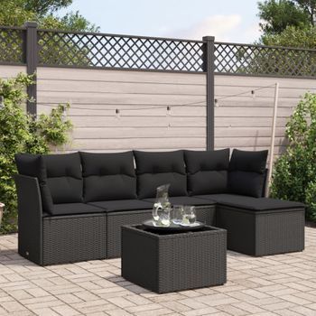 Conjunto De Sofás De Jardín 6 Uds | Mueble Jardin Mesa Y Sillas Y Cojines Ratán Sintético Negro Cfw359209
