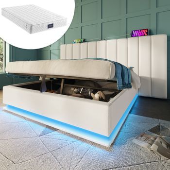 Cama Doble 160x200 Blanca Pu, Colchón, Almacenamiento, Led App, Usb-c, Somier Listones
